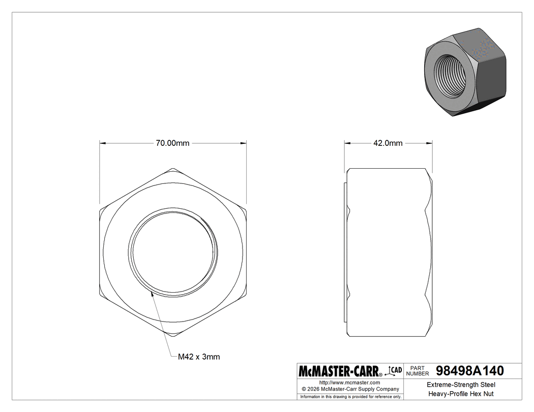 Technical Drawing of Extreme-Strength Steel Heavy-Profile Hex Nut, M42 x 3 mm Thread Size.